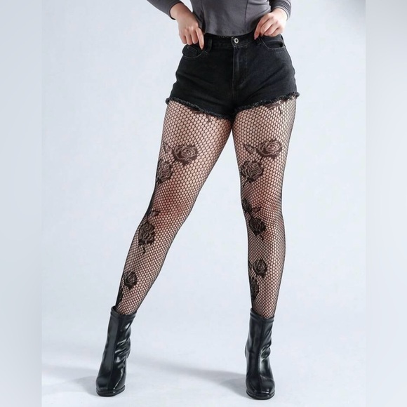 NWT Women’s Embroidered Rose Pattern Black Fishnet Tights Stockings - Picture 1 of 4
